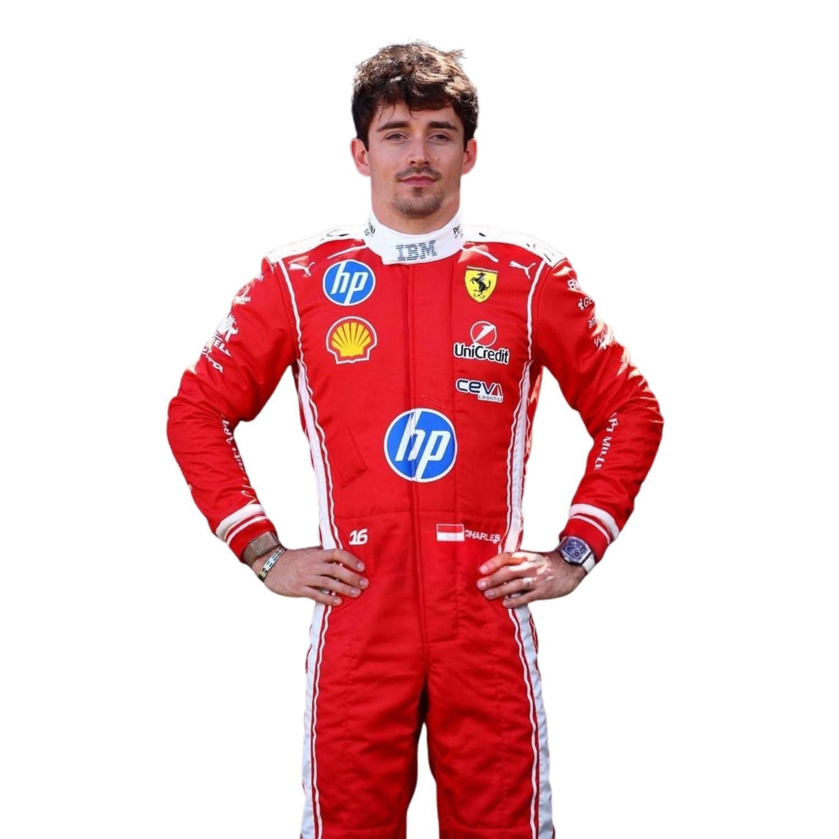 Charles Leclerc 2026 Racing Suit Replica: charles Leclerc wearing a F1 Race suit with various logos.