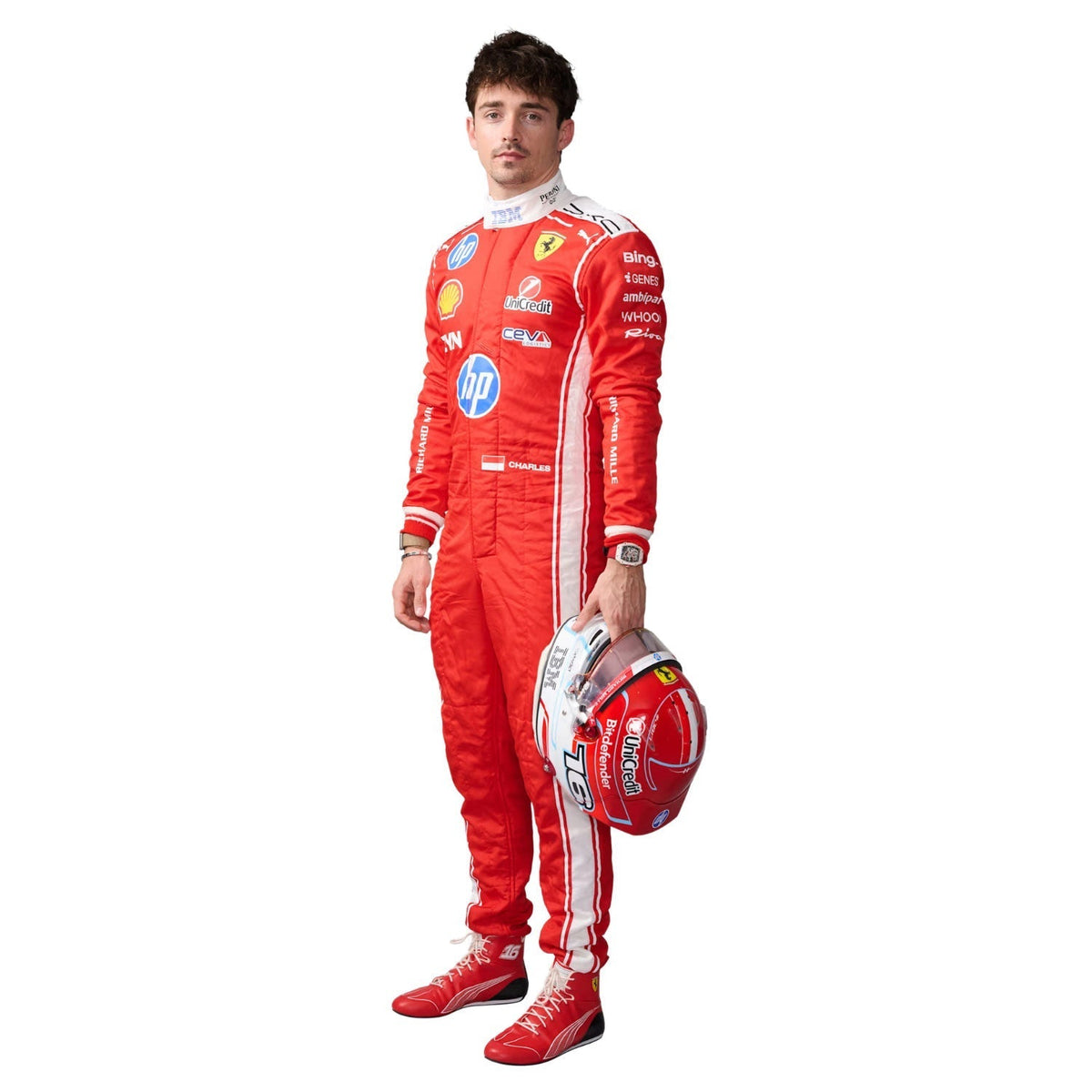 Charles Leclerc 2026 Racing Suit Replica: charles Leclerc wearing a F1 Race suit with various logos.