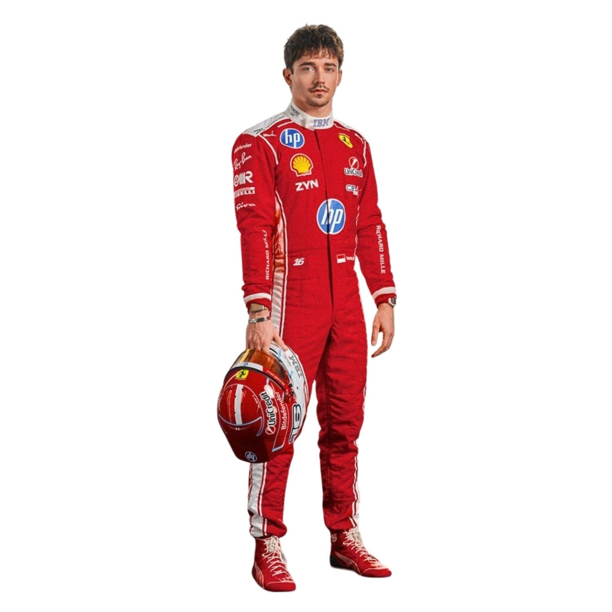 Charles Leclerc 2026 Racing Suit Replica: charles Leclerc wearing a F1 Race suit with various logos.