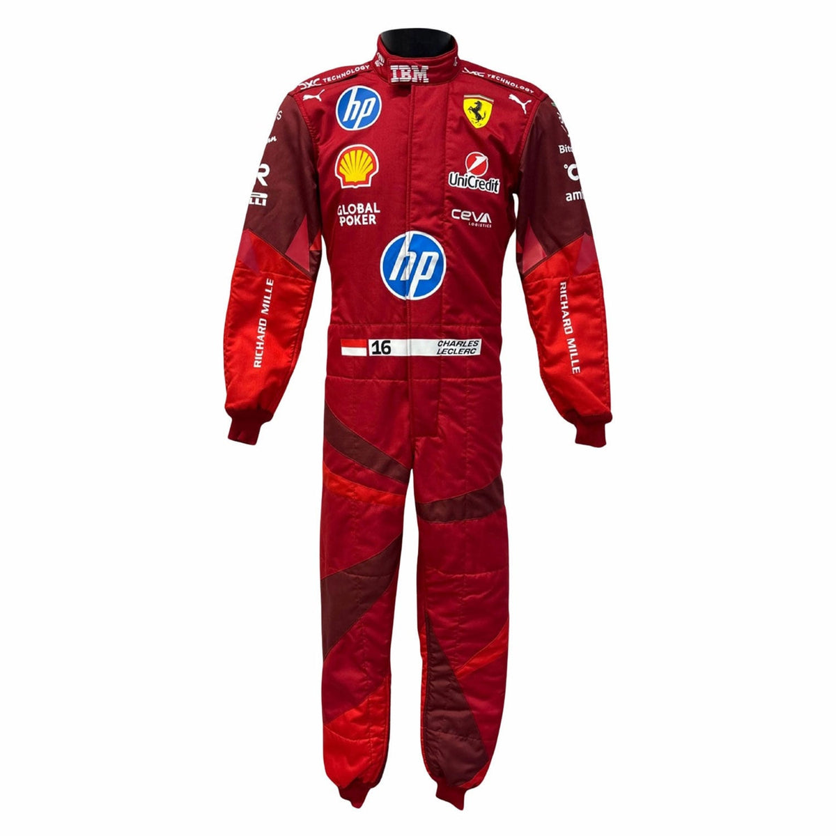 2025 Charles Leclerc Las Vegas GP Racing Suit Replica: charles Leclerc 2025 F1 Race Suit Ferrari Las Vegas GP Replica with various brand logos.