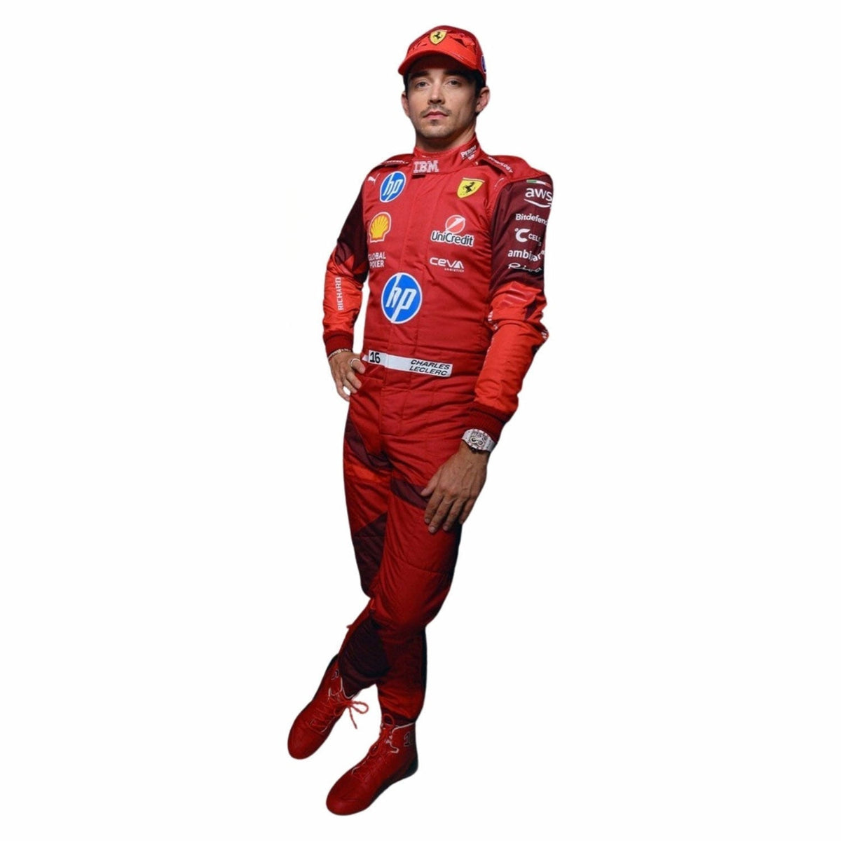 2025 Charles Leclerc Las Vegas GP Racing Suit Replica: charles Leclerc 2025 F1 Race Suit Ferrari Las Vegas GP Replicawith various sponsor logos.