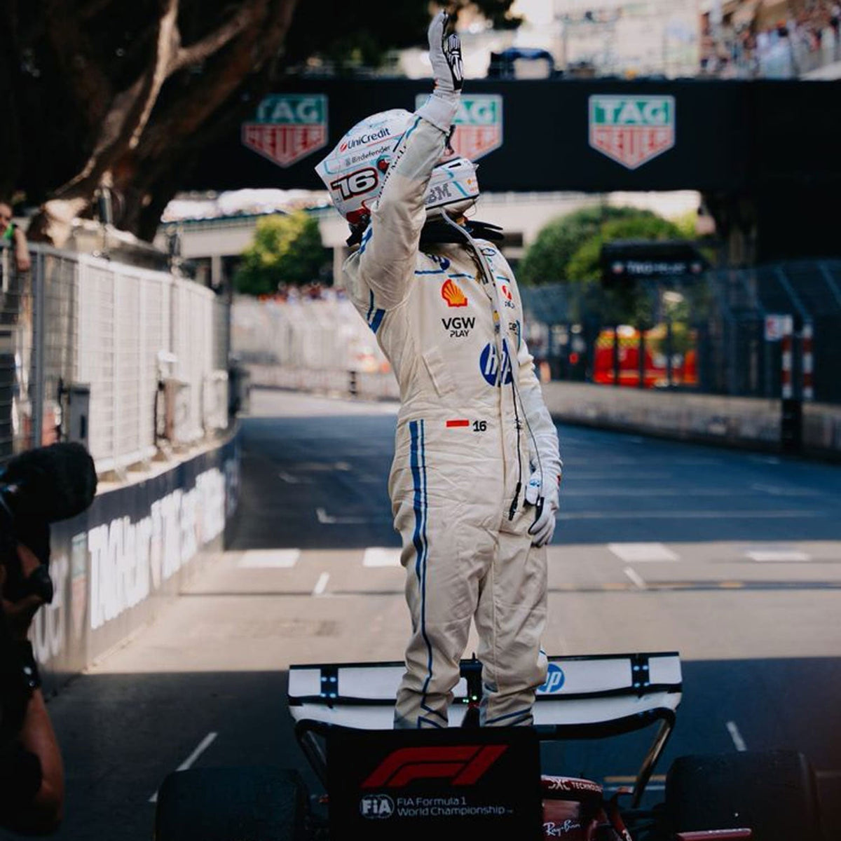 Charles Leclerc Racing Suit Replica 2025 Monaco GP: charles Leclerc F1 Race Ferrari Monaco GP Driver Suit Logo Close Up View.