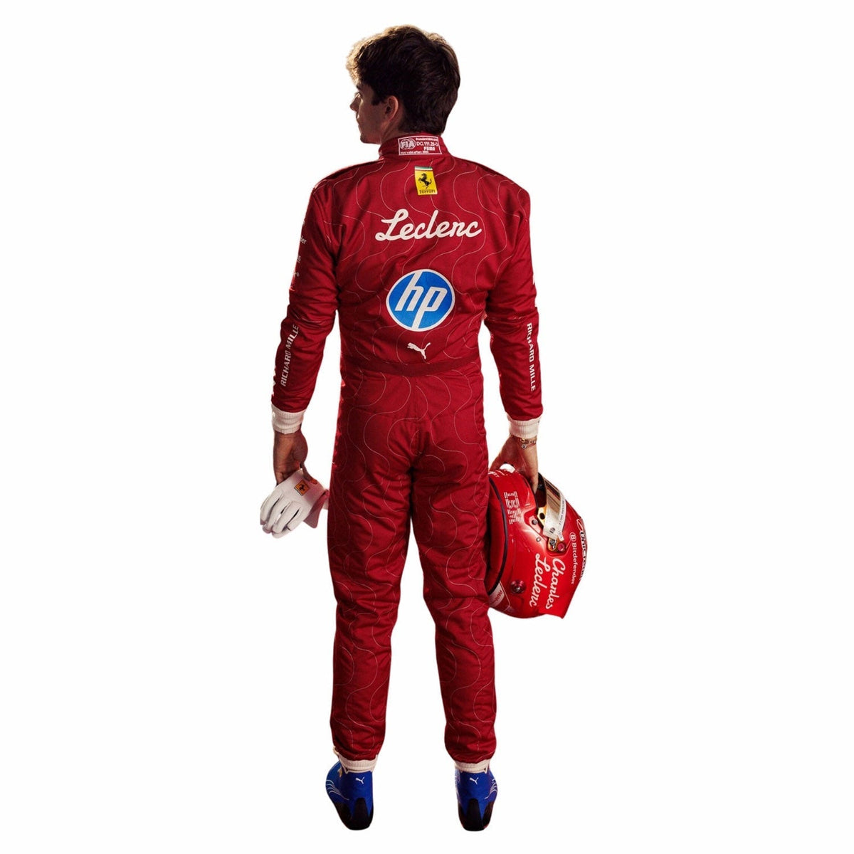 2025 Racing Suit Replica – Charles Leclerc Monza GP: charles Leclerc 2025 F1 Race Costume Ferrari Monza GP with various logos, holding a helmet.