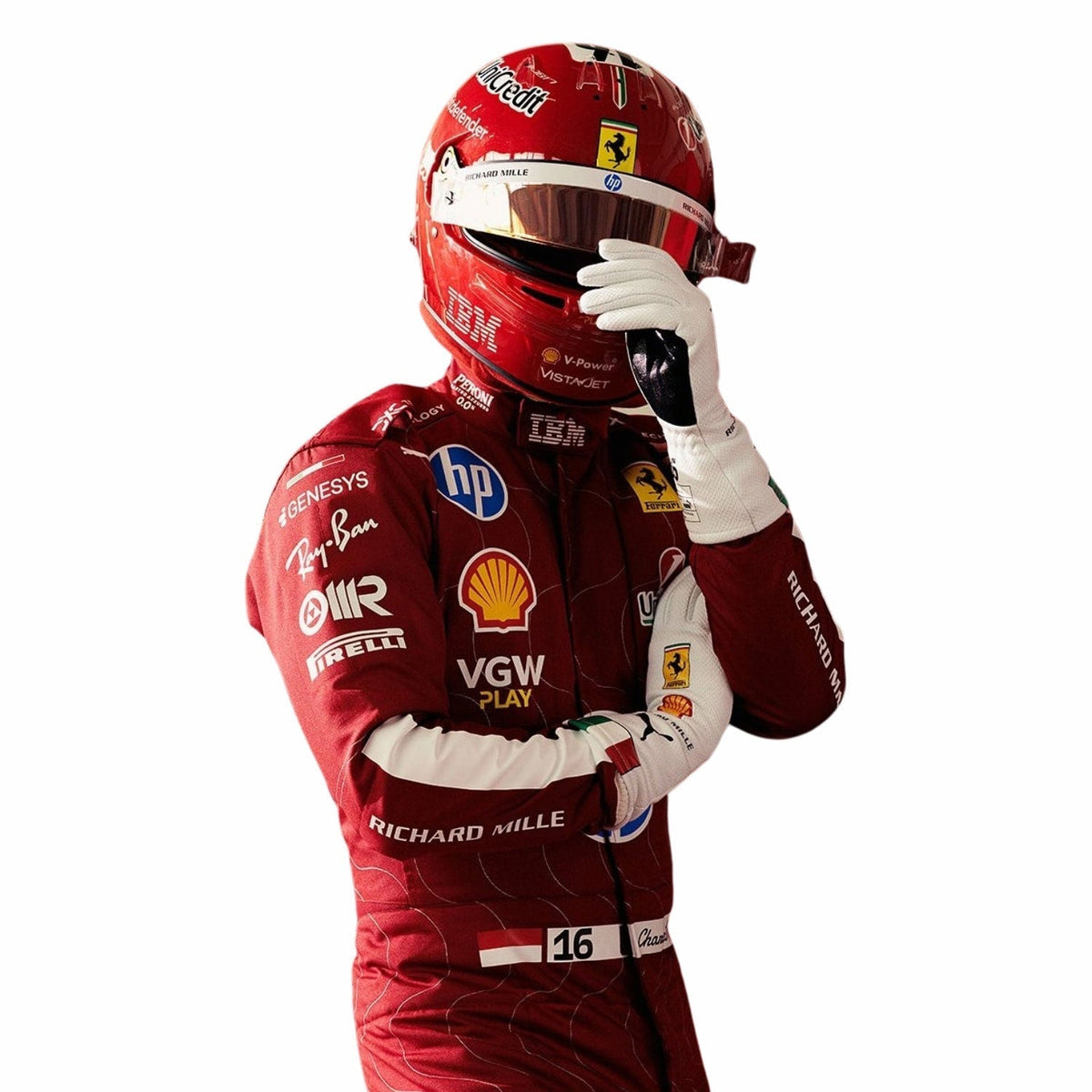 2025 Racing Suit Replica – Charles Leclerc Monza GP: charles Leclerc 2025 F1 Race Costume Ferrari Monza GP with various sponsor logos side close up view.