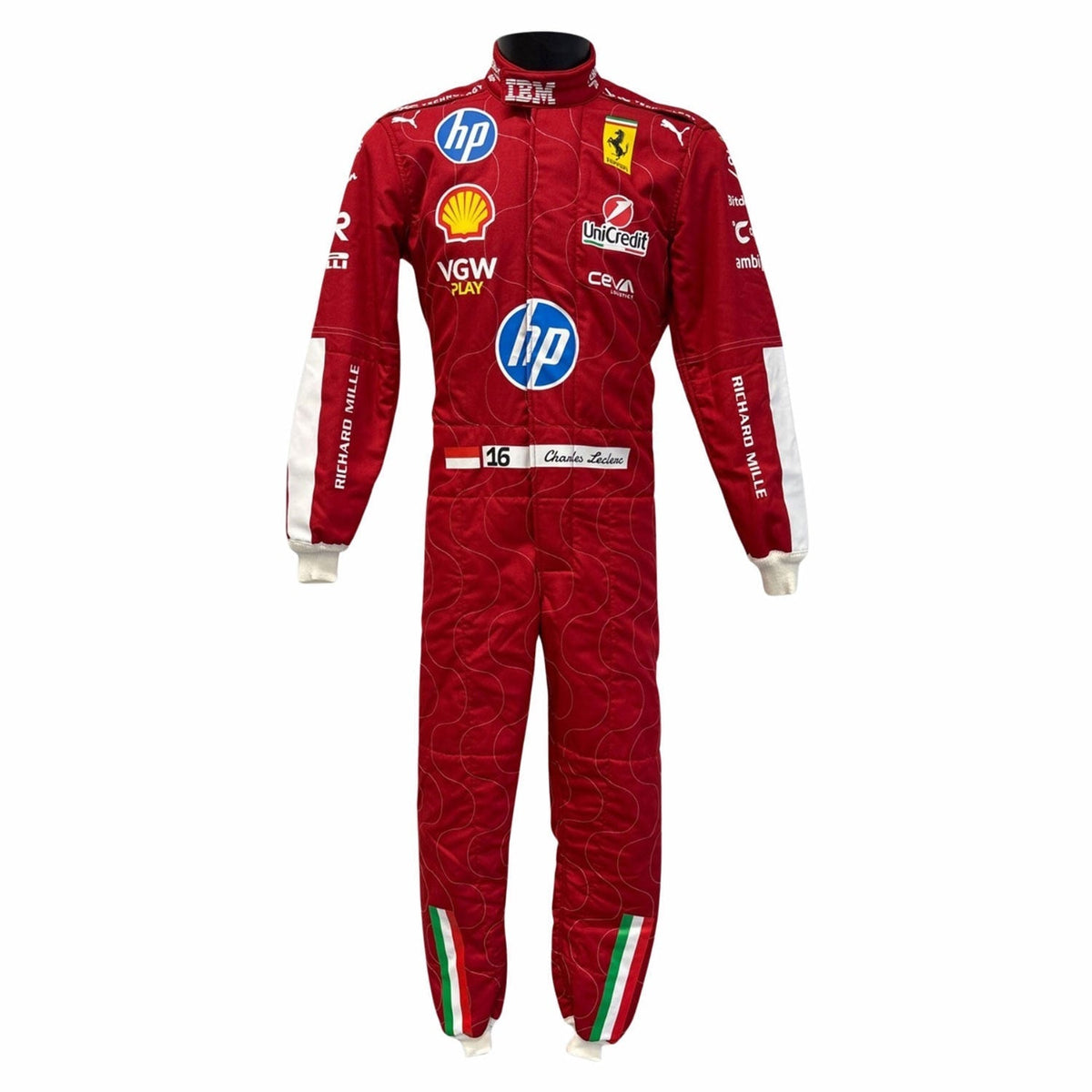 2025 Racing Suit Replica – Charles Leclerc Monza GP: charles Leclerc 2025 F1 Race Costume Ferrari Monza GP with various sponsor logos.