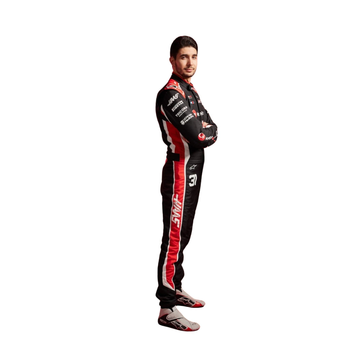 Esteban Ocon 2025 Racing Suit Replica: esteban Ocon F1 Race Replica Haas Driver Suit right Side.