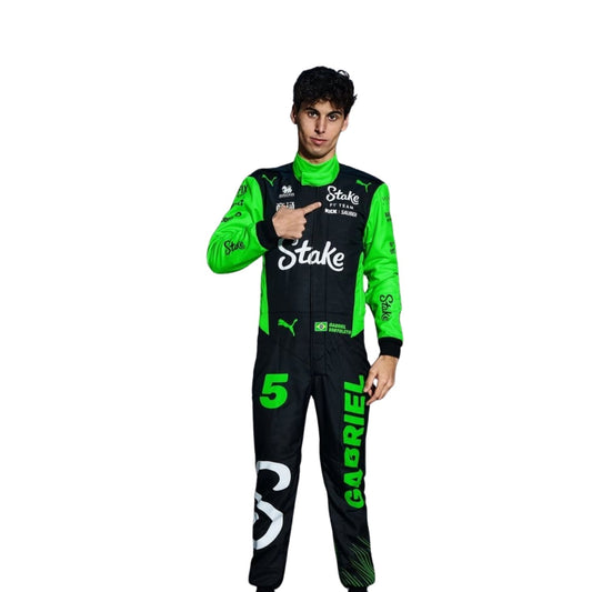 2025 Gabriel Bortoleto Racing Suit Replica: gabriel Bortoleto F1 Race Kick Sauber Grand Prix Suit Close Up View.