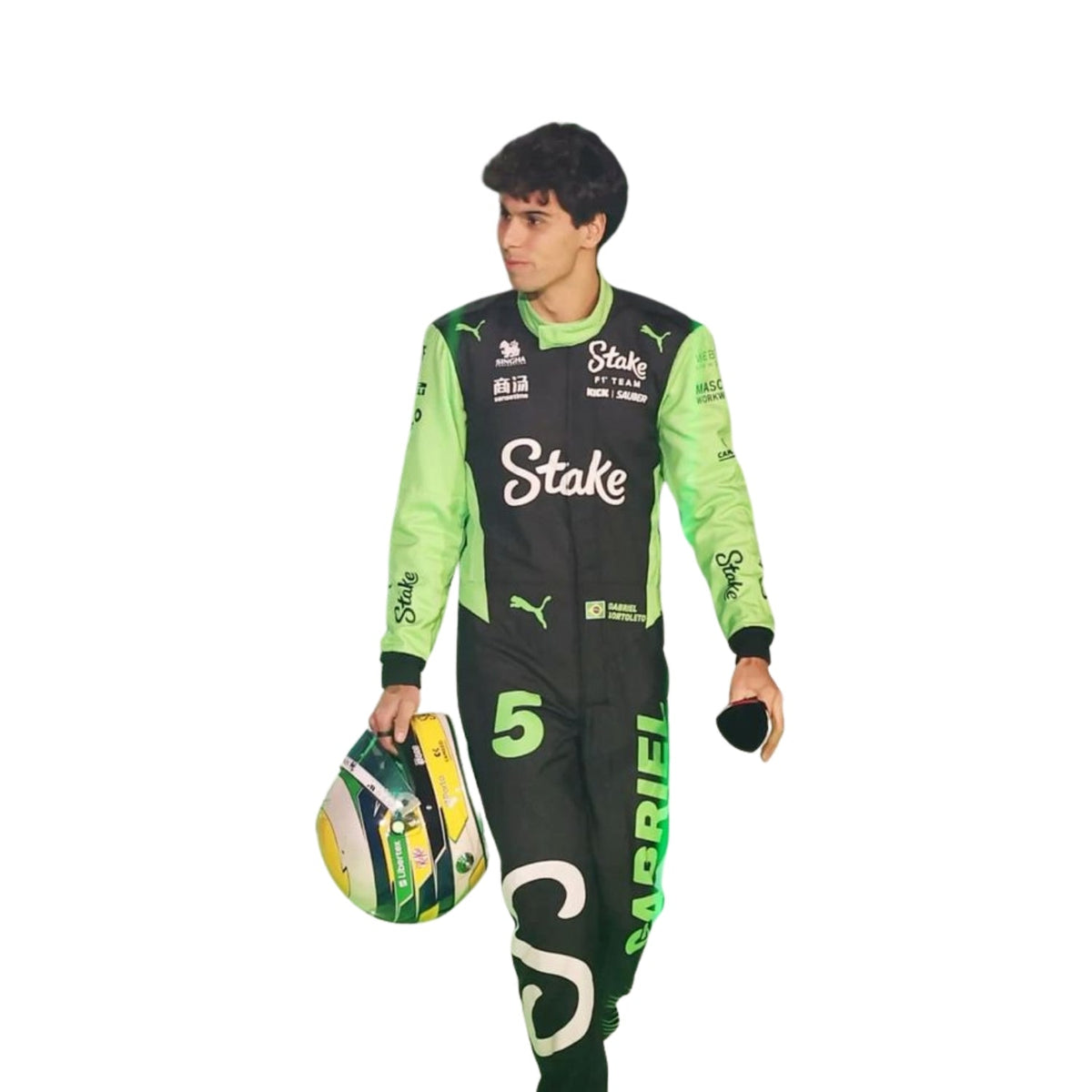 2025 Gabriel Bortoleto Racing Suit Replica: gabriel Bortoleto F1 Race Kick Sauber Grand Prix Suit Close Up View.