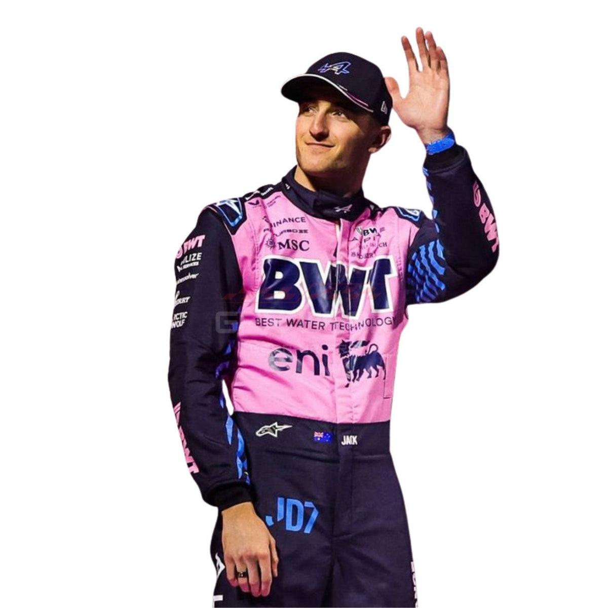 2025 Jack Doohan Racing Suit Replica with visible branding, waving close up view.