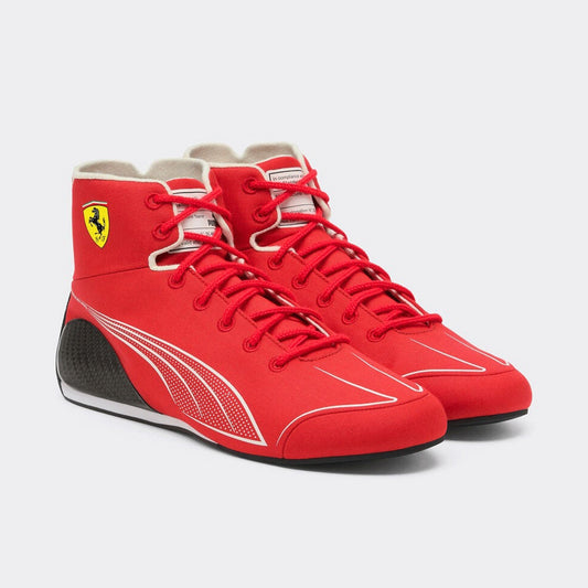 Lewis Hamilton Racing Shoes Replica 2026: a pair of red Puma Scuderia Ferrari high-top racing sneakers with white graphic lines, a black textured heel, and the yellow Ferrari prancing horse logo on the side.