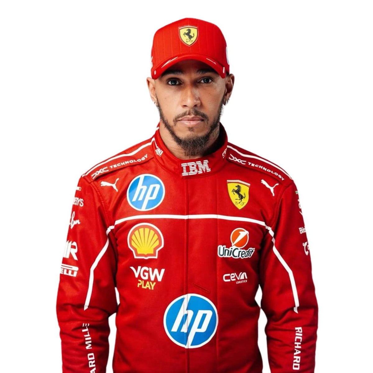 Lewis Hamilton 2025 Racing Suit Replica: lewis Hamilton F1 Race Ferrari Grand Prix Suit Close Up View.