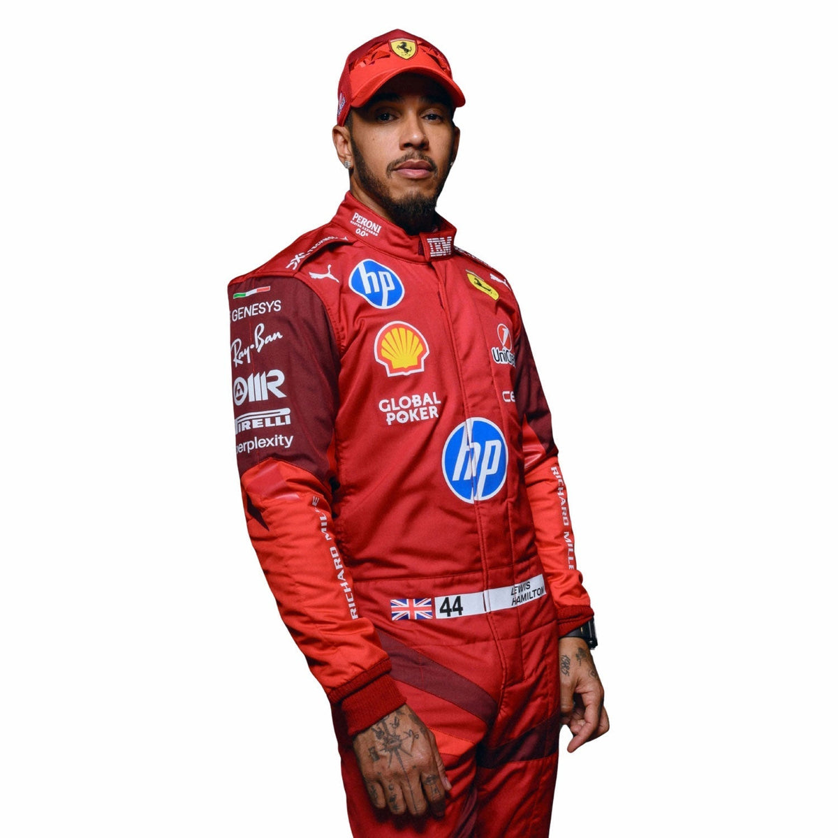 2025 Lewis Hamilton Las Vegas GP Racing Suit Replica: lewis Hamilton 2025 F1 Race Suit Ferrari Las Vegas GP with various sponsor logos, right close up.