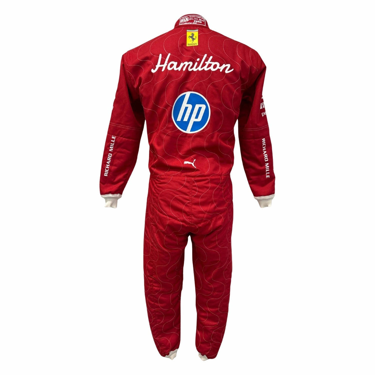 2025 Racing Suit Replica – Lewis Hamilton Monza GP: lewis Hamilton 2025 F1 Race Replica Costume Ferrari Monza GP with 'Hamilton' and 'hp' logos.
