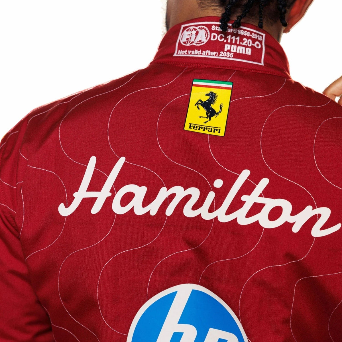 2025 Racing Suit Replica – Lewis Hamilton Monza GP: lewis Hamilton 2025 F1 Race Replica Costume Ferrari Monza GP with 'Hamilton' branding and Ferrari logo.