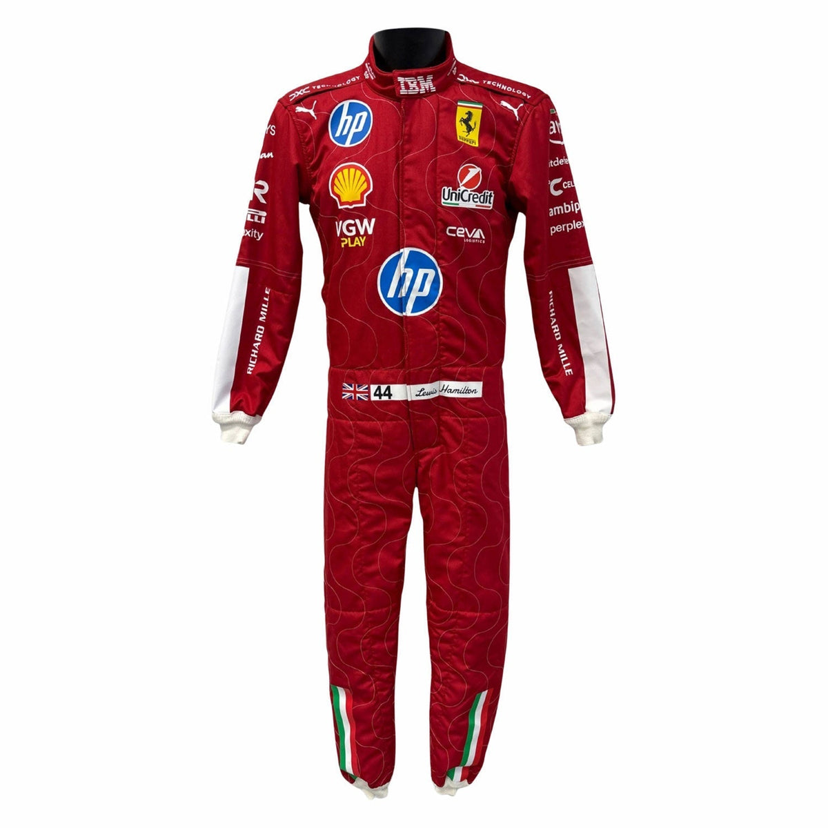 2025 Racing Suit Replica – Lewis Hamilton Monza GP: lewis Hamilton 2025 F1 Race Replica Costume Ferrari Monza GP with various sponsor logos.