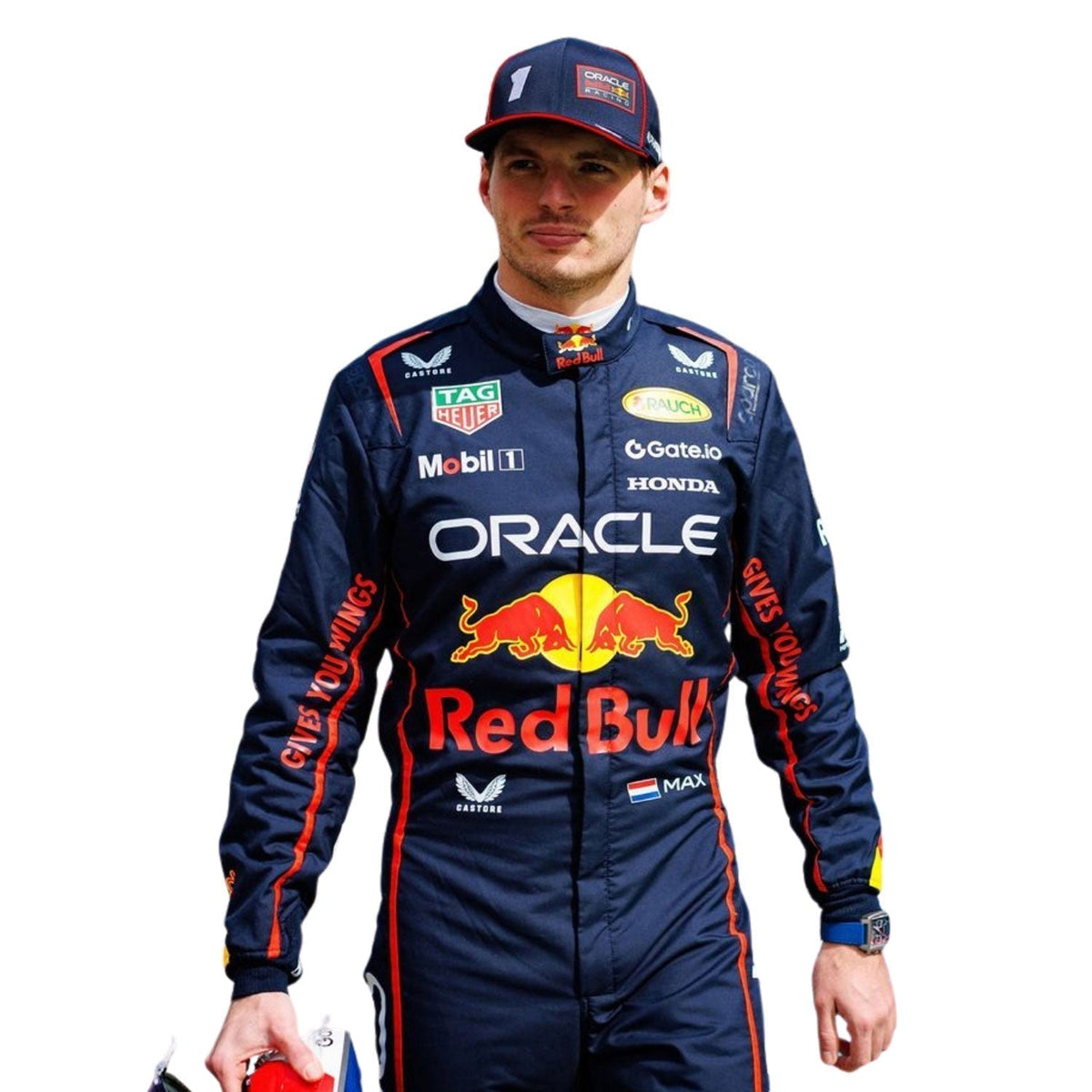 Max Verstappen 2025 Racing Suit Replica: max Verstappen F1 Race Replica Red Bull Grand Prix Suit Close Up View.