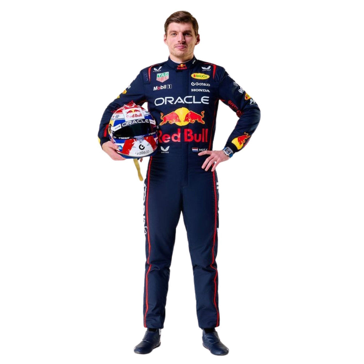 Max Verstappen 2025 Racing Suit Replica holding a helmet.