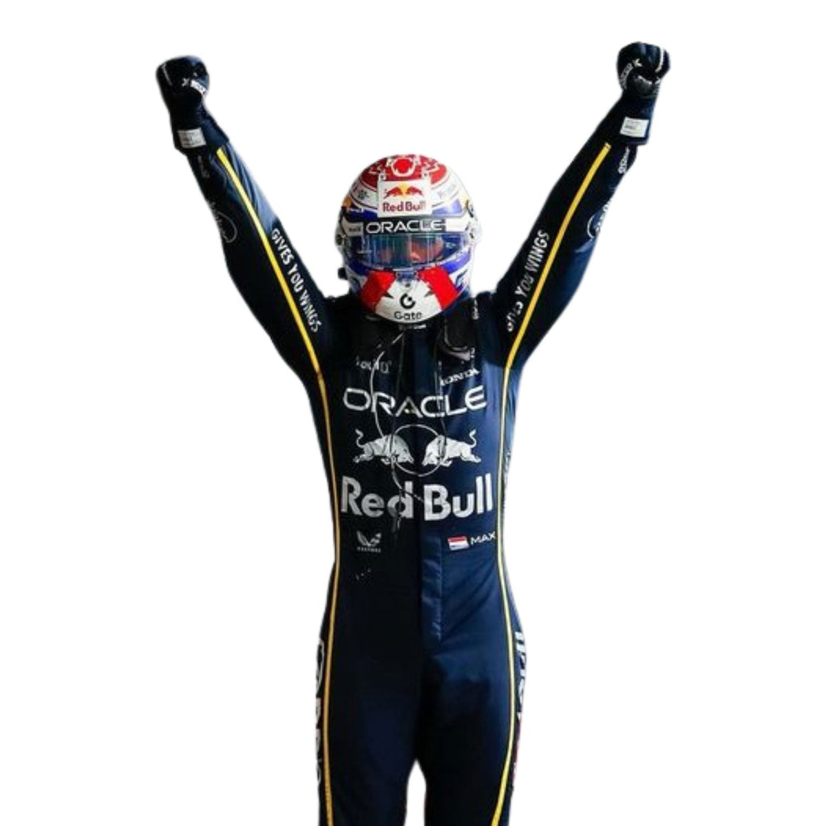 Max Verstappen Las Vegas GP 2025 Racing Suit Replica: max Verstappen 2025 F1 Race Costume Replica Red Bull Las Vegas GP with Red Bull and Oracle branding, celebrating with arms raised.
