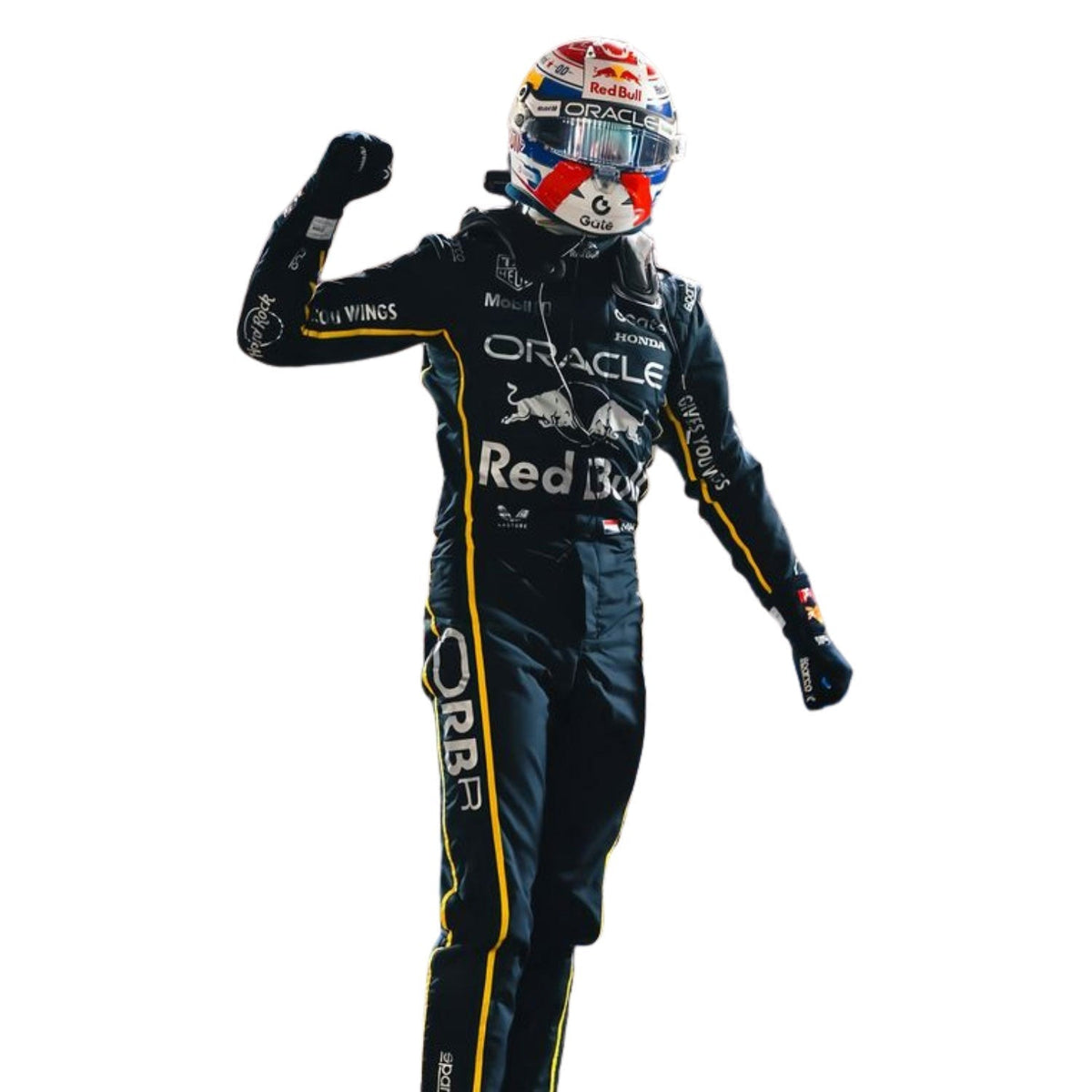 Max Verstappen Las Vegas GP 2025 Racing Suit Replica: f1 driver Max Verstappen 2025 F1 Race Costume Replica Red Bull Las Vegas GP in Oracle Red Bull racing suit and helmet, right side close up.