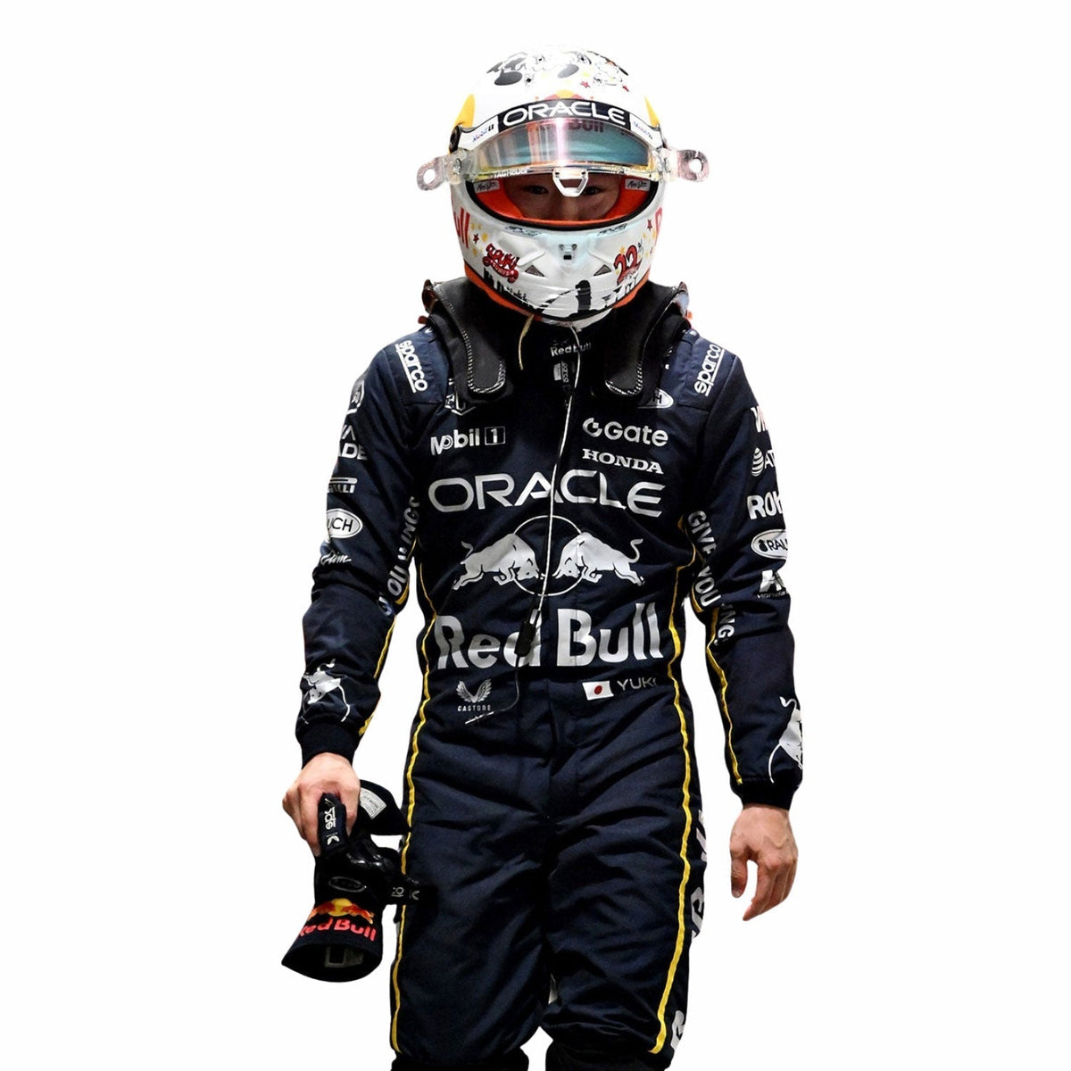 2025 Racing Suit Replica – Yuki Tsunoda Las Vegas GP: yuki Tsunoda 2025 F1 Race Costume Red Bull Las Vegas GP and helmet with Oracle and Red Bull branding close up.