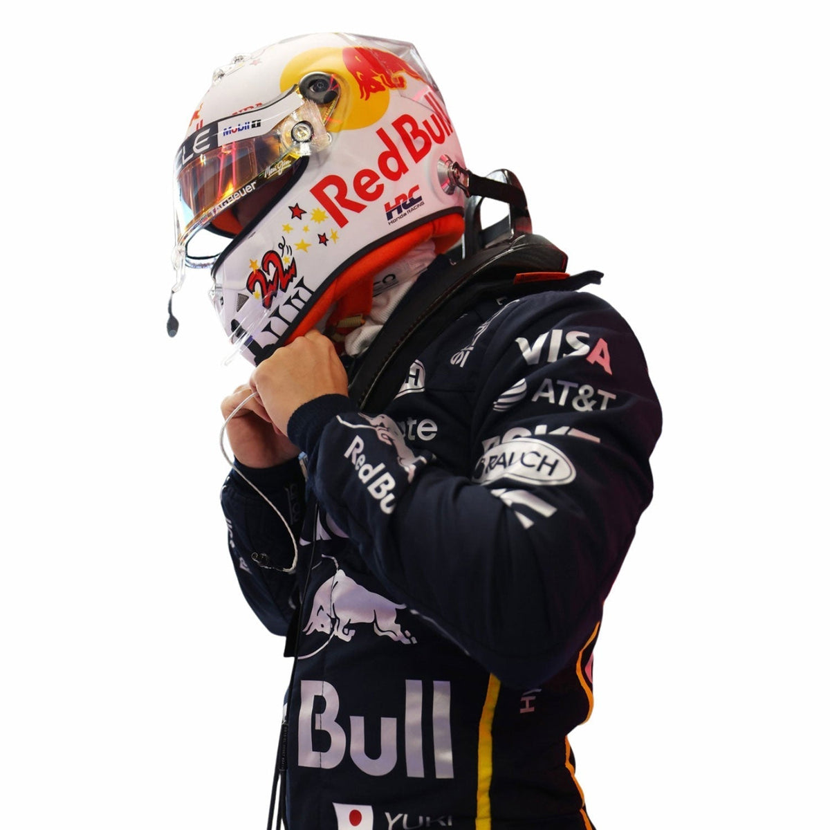 2025 Racing Suit Replica – Yuki Tsunoda Las Vegas GP: yuki Tsunoda 2025 F1 Race Costume Red Bull Las Vegas GP and helmet with various sponsor logos left side close up view.