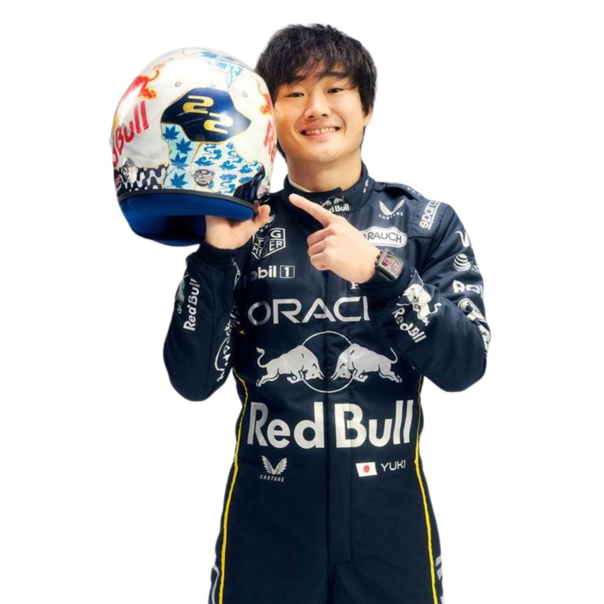2025 Racing Suit Replica – Yuki Tsunoda Las Vegas GP: yuki Tsunoda 2025 F1 Race Costume Red Bull Las Vegas GP holding a helmet with Red Bull branding close-up view.