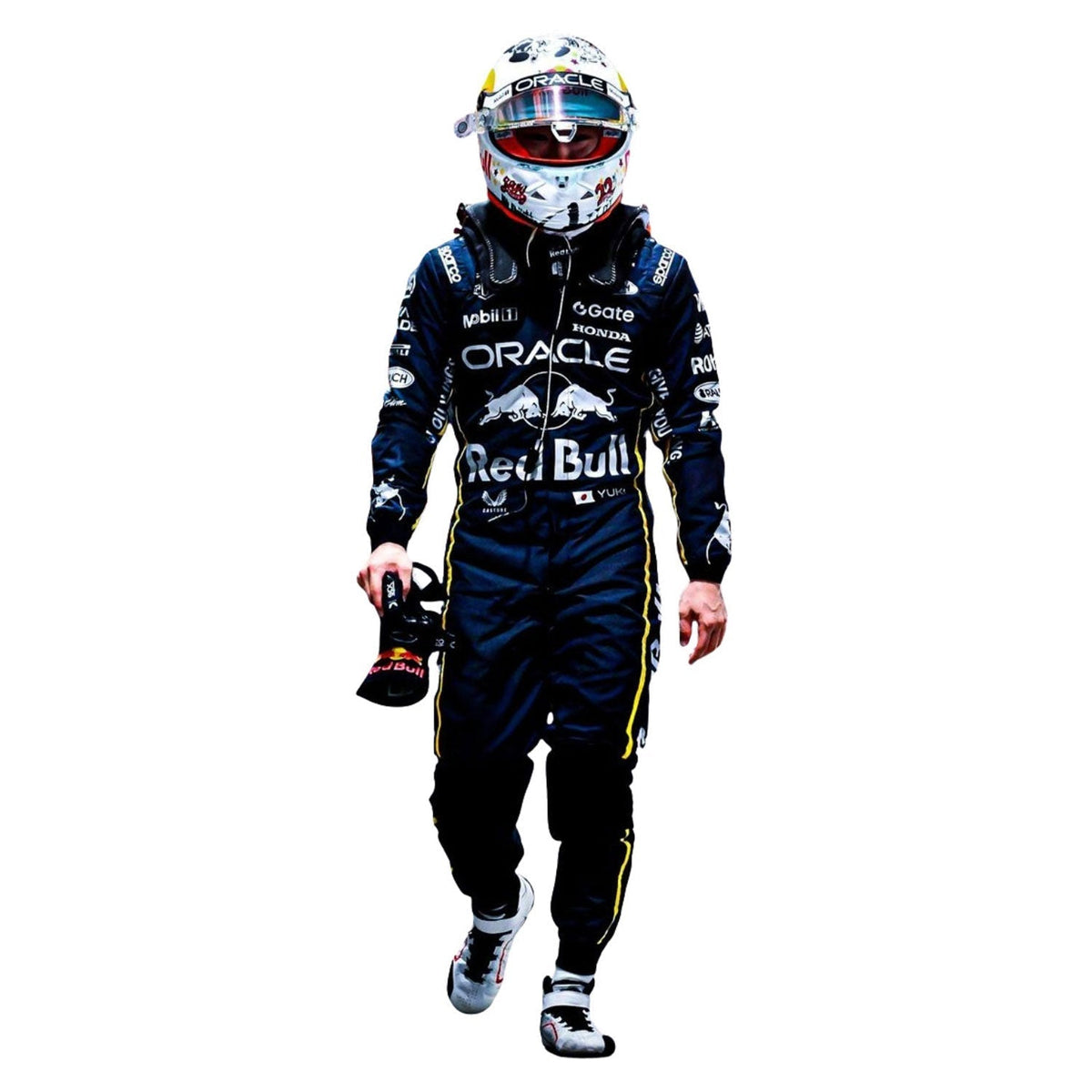 2025 Racing Suit Replica – Yuki Tsunoda Las Vegas GP: yuki Tsunoda 2025 F1 Race Costume Red Bull Las Vegas GP and helmet with visible branding.
